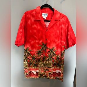Hawaiian shirt Co red vibrant Hawaiian landscape men’s button up